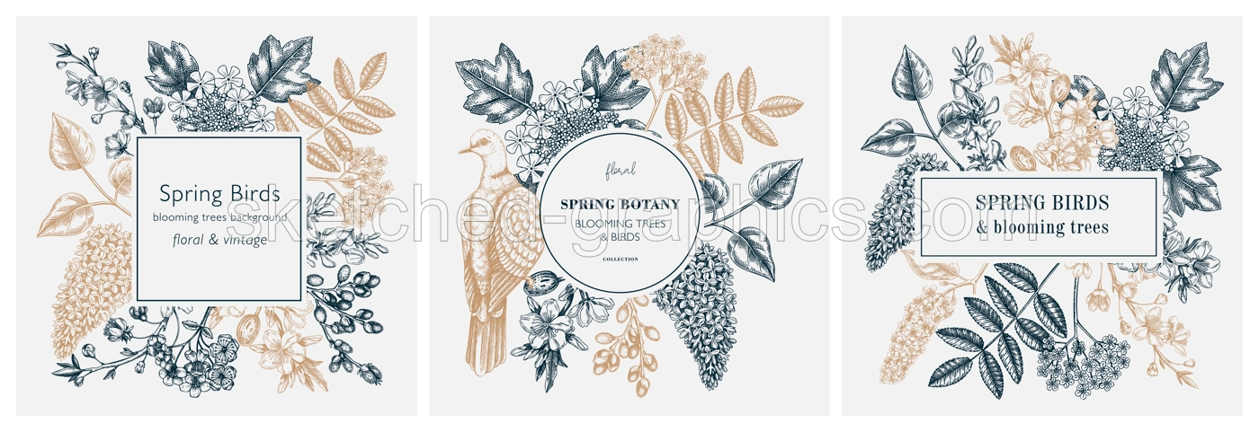 Blooming branches hand drawn frame templates. Floral wreath designs with birds and spring trees in flowers. Cherry, almond, willow, rowan, currant, Japanese quince, lilac sketches for cards or prints Illustration